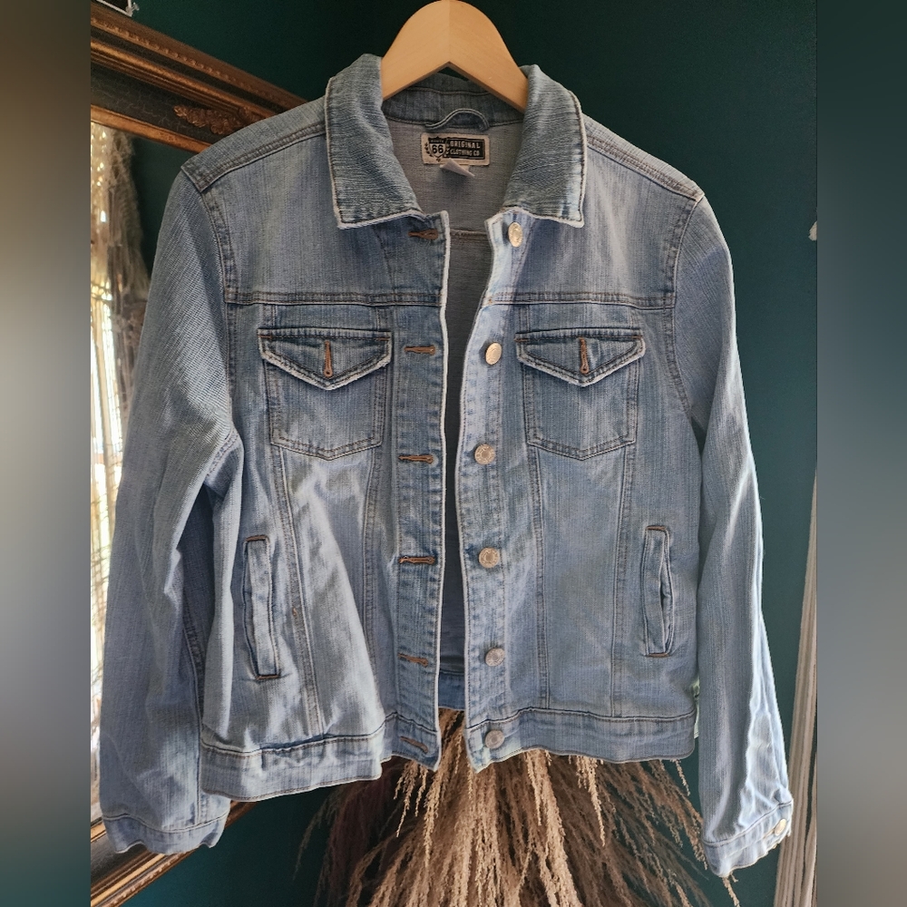 Vintage Y2K Route 66 Light Wash Denim Women's Jean Jacket Grunge Western Cowgirl